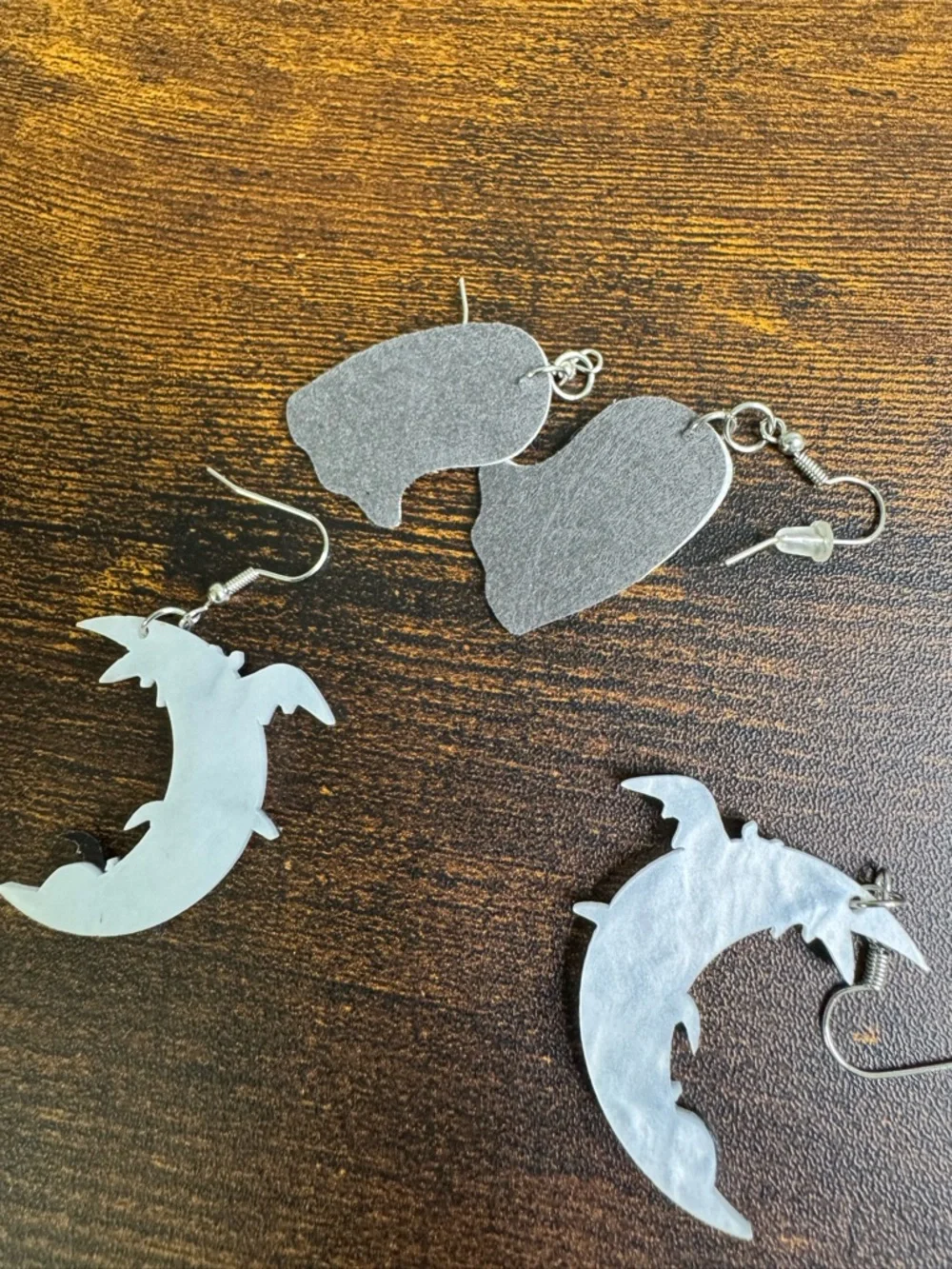 Halloween Ghost and Bat Crescent Moon Dangle Earrings White and Black - Picture 6 of 6